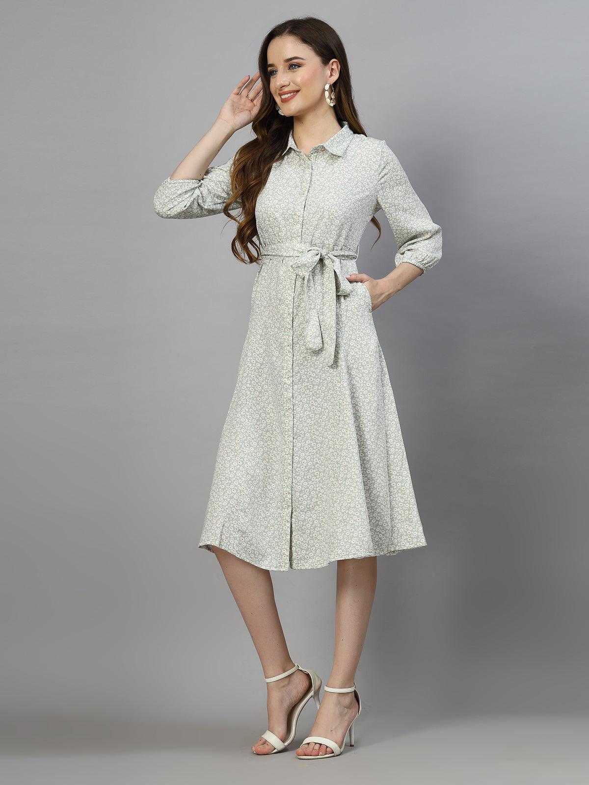 Women's 100% Polyester Collar Neck Half Sleeve Printed Midi Shirt Dress - Mint Green - SMERA MART