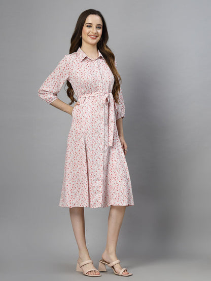 Women's 100% Polyester Collar Neck Half Sleeve Printed Midi Shirt Dress - Pink - SMERA MART