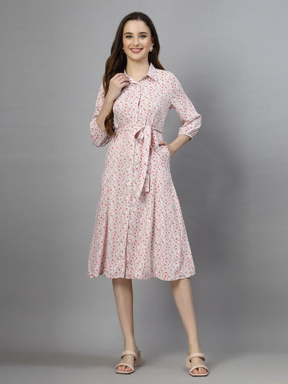 Women's 100% Polyester Collar Neck Half Sleeve Printed Midi Shirt Dress - Pink - SMERA MART