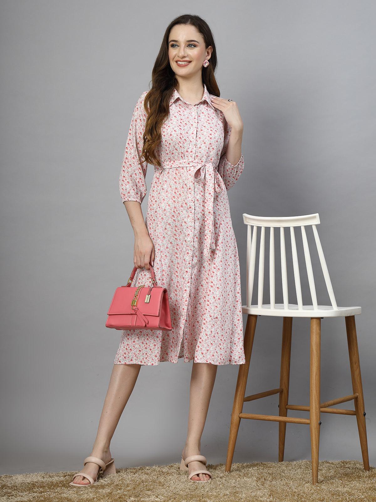 Women's 100% Polyester Collar Neck Half Sleeve Printed Midi Shirt Dress - Pink - SMERA MART