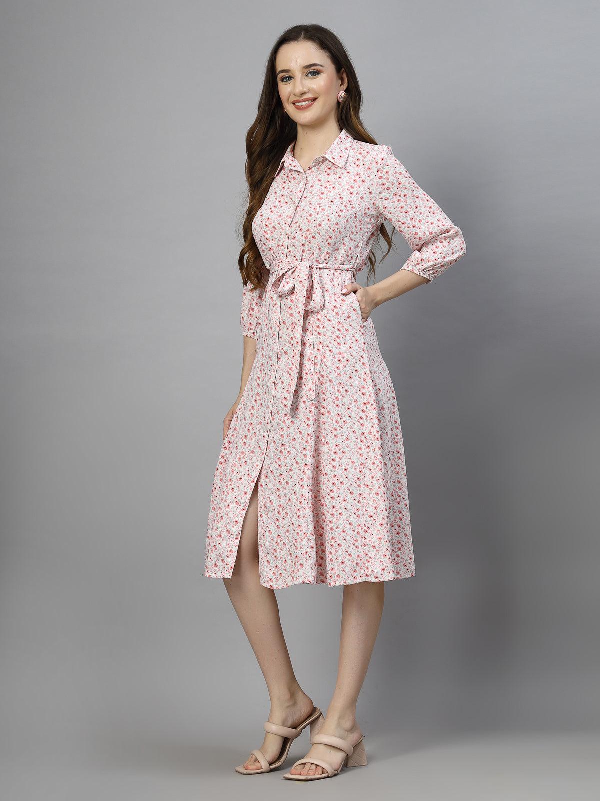 Women's 100% Polyester Collar Neck Half Sleeve Printed Midi Shirt Dress - Pink - SMERA MART