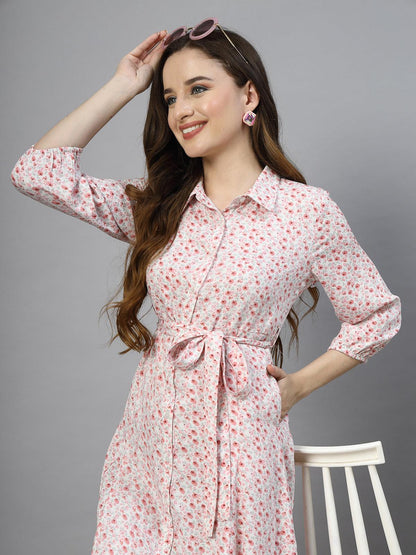 Women's 100% Polyester Collar Neck Half Sleeve Printed Midi Shirt Dress - Pink - SMERA MART