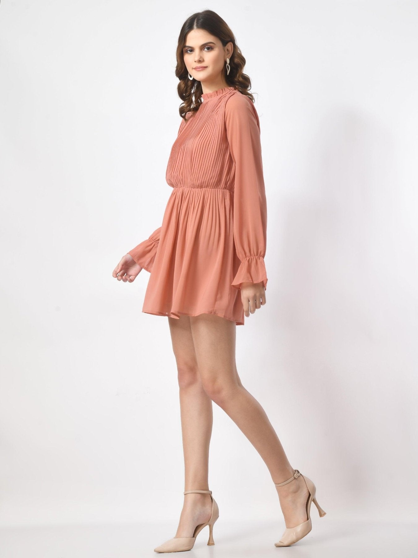 Womens Blouson Style Pleated Mini Short Dress - SMERA MART