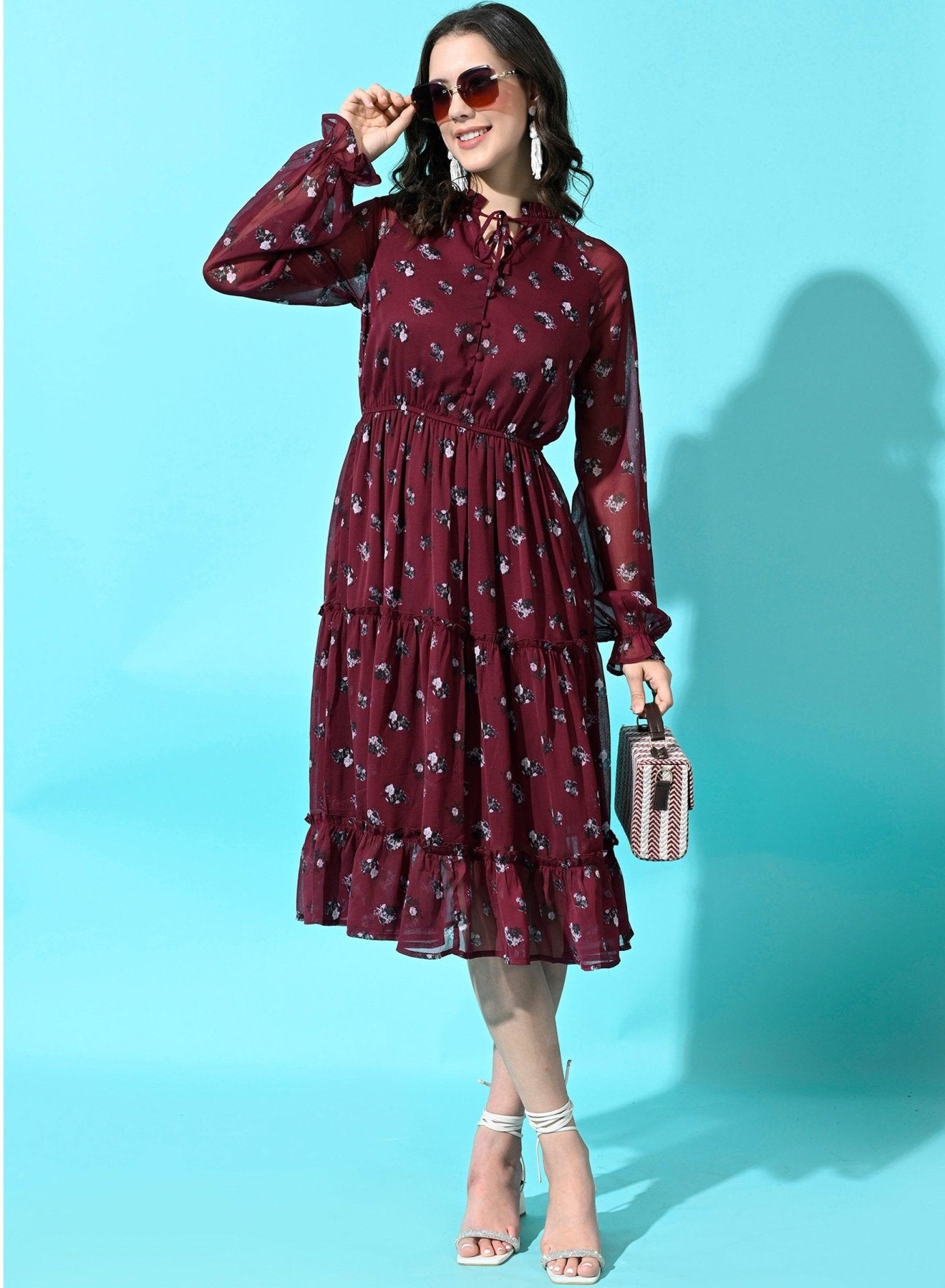 Women's Chiffon Floral High Neck A - Line Dress for Women - Maroon - SMERA MART