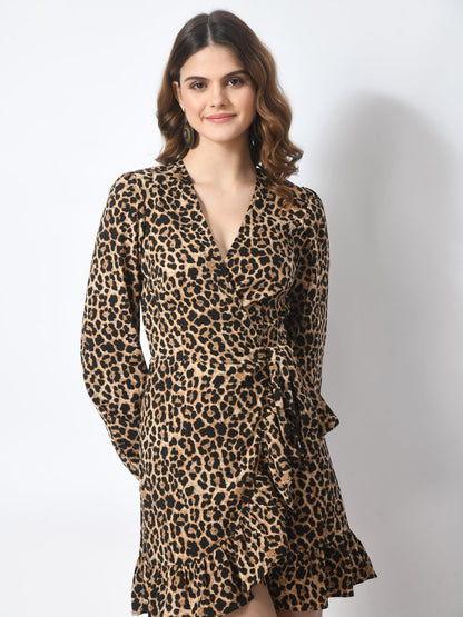 Womens Long Sleeve Leo Print Overlap Mini Wrap Dress - SMERA MART