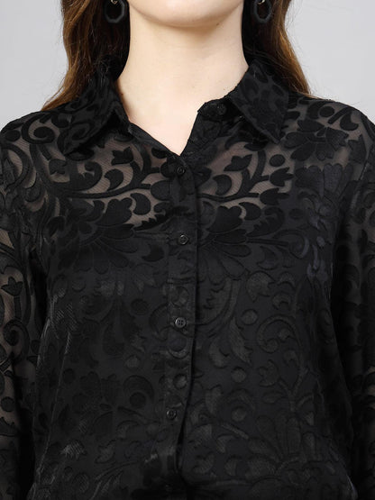 Women's Loose Fit Jacquard Full Sleeve Long Shirt - SMERA MART