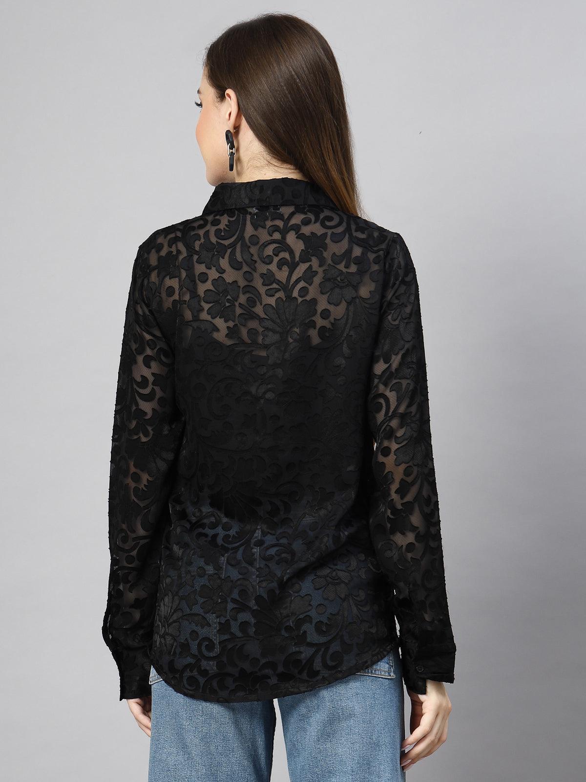 Women's Loose Fit Jacquard Full Sleeve Long Shirt - SMERA MART