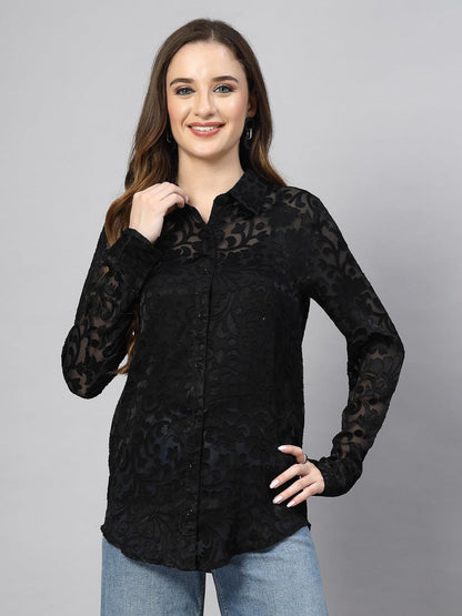 Women's Loose Fit Jacquard Full Sleeve Long Shirt - SMERA MART