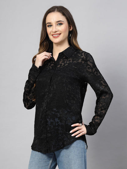 Women's Loose Fit Jacquard Full Sleeve Long Shirt - SMERA MART