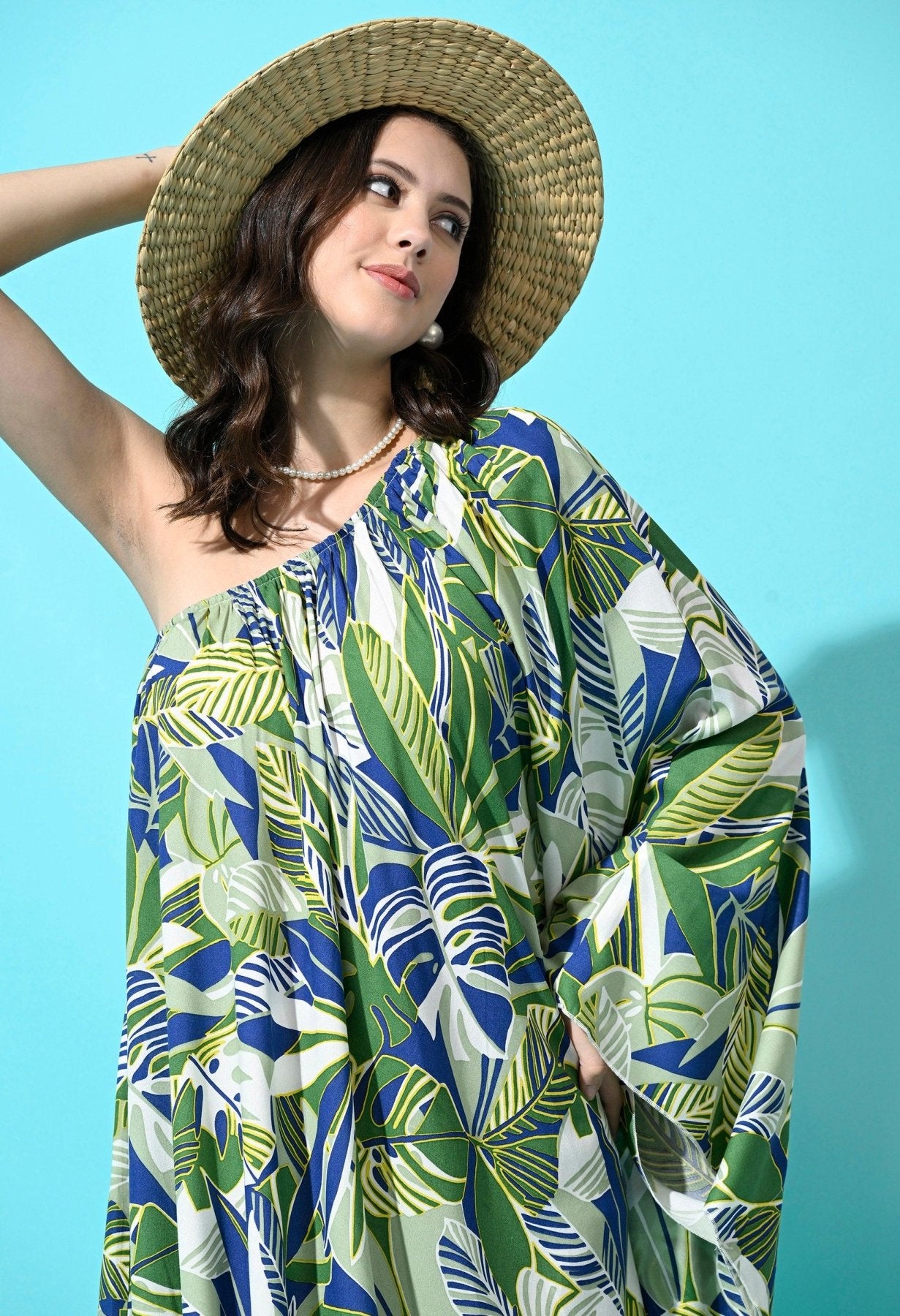 Women's Rayon One Piece Printed Flowy Beach Wear Midi Dress - Green - SMERA MART