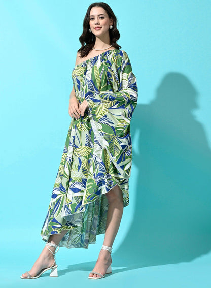 Women's Rayon One Piece Printed Flowy Beach Wear Midi Dress - Green - SMERA MART