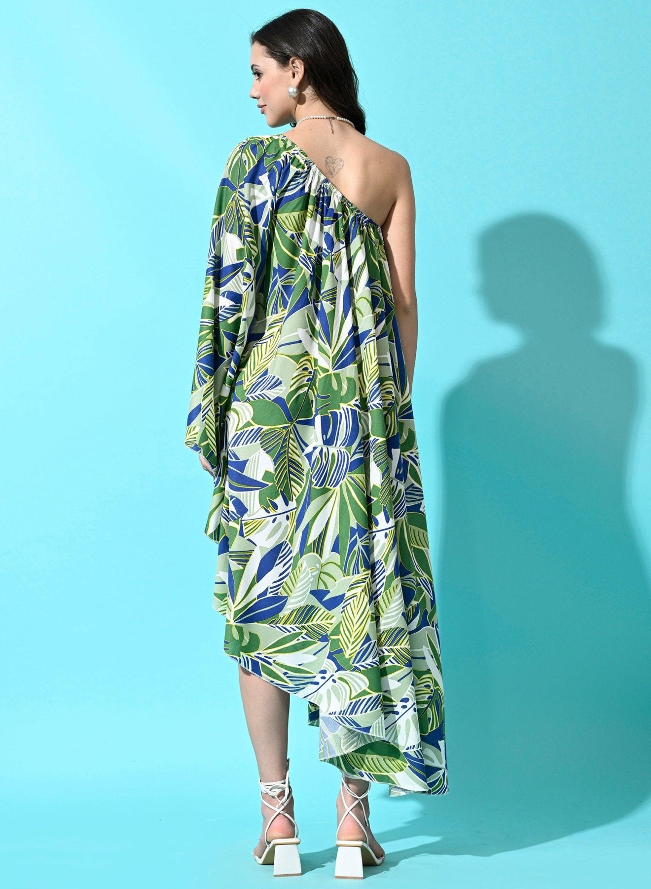 Women's Rayon One Piece Printed Flowy Beach Wear Midi Dress - Green - SMERA MART