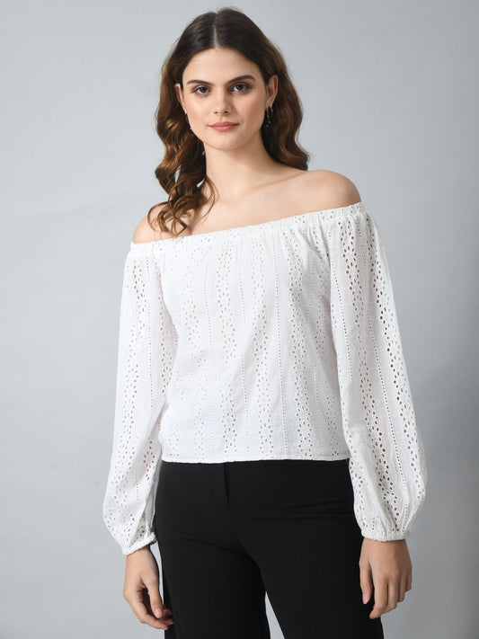 Women's Schiffly 100% Cotton Off Shoulder Crop Top - SMERA MART