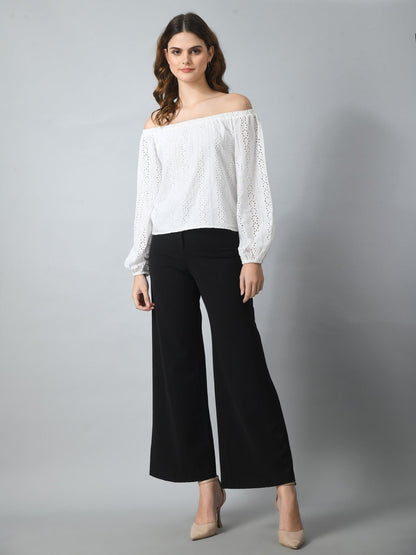 Women's Schiffly 100% Cotton Off Shoulder Crop Top - SMERA MART