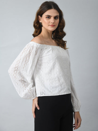 Women's Schiffly 100% Cotton Off Shoulder Crop Top - SMERA MART