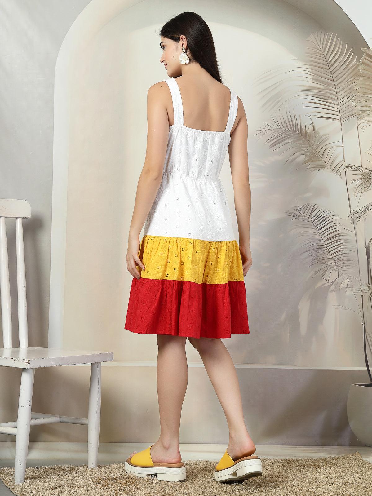 Women's Sleeveless A Line Midi Schiffli Cotton Dress - White & Red - SMERA MART