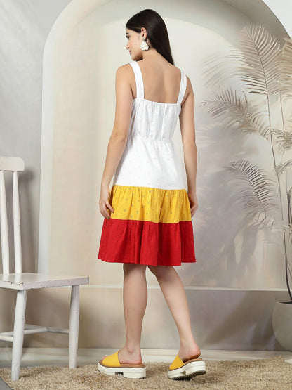 Women's Sleeveless A Line Midi Schiffli Cotton Dress - White & Red - SMERA MART