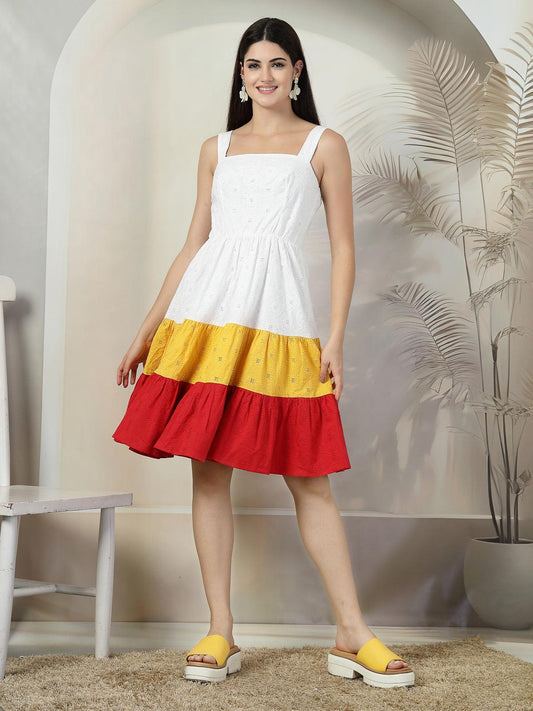 Women's Sleeveless A Line Midi Schiffli Cotton Dress - White & Red - SMERA MART