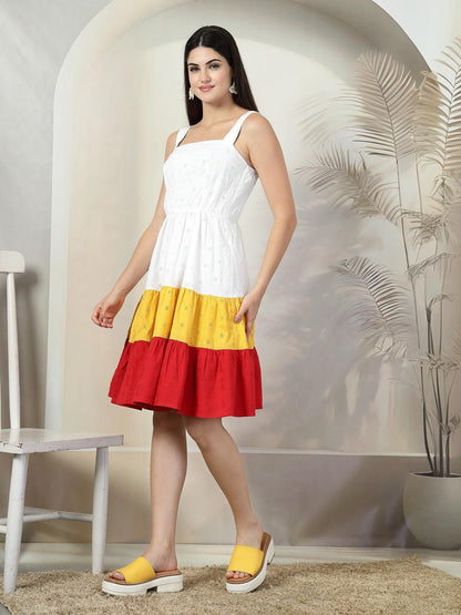 Women's Sleeveless A Line Midi Schiffli Cotton Dress - White & Red - SMERA MART