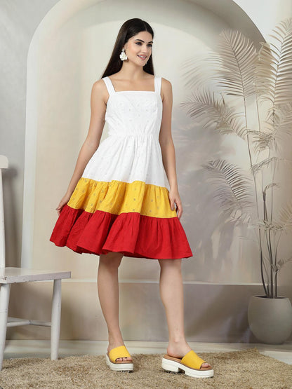 Women's Sleeveless A Line Midi Schiffli Cotton Dress - White & Red - SMERA MART