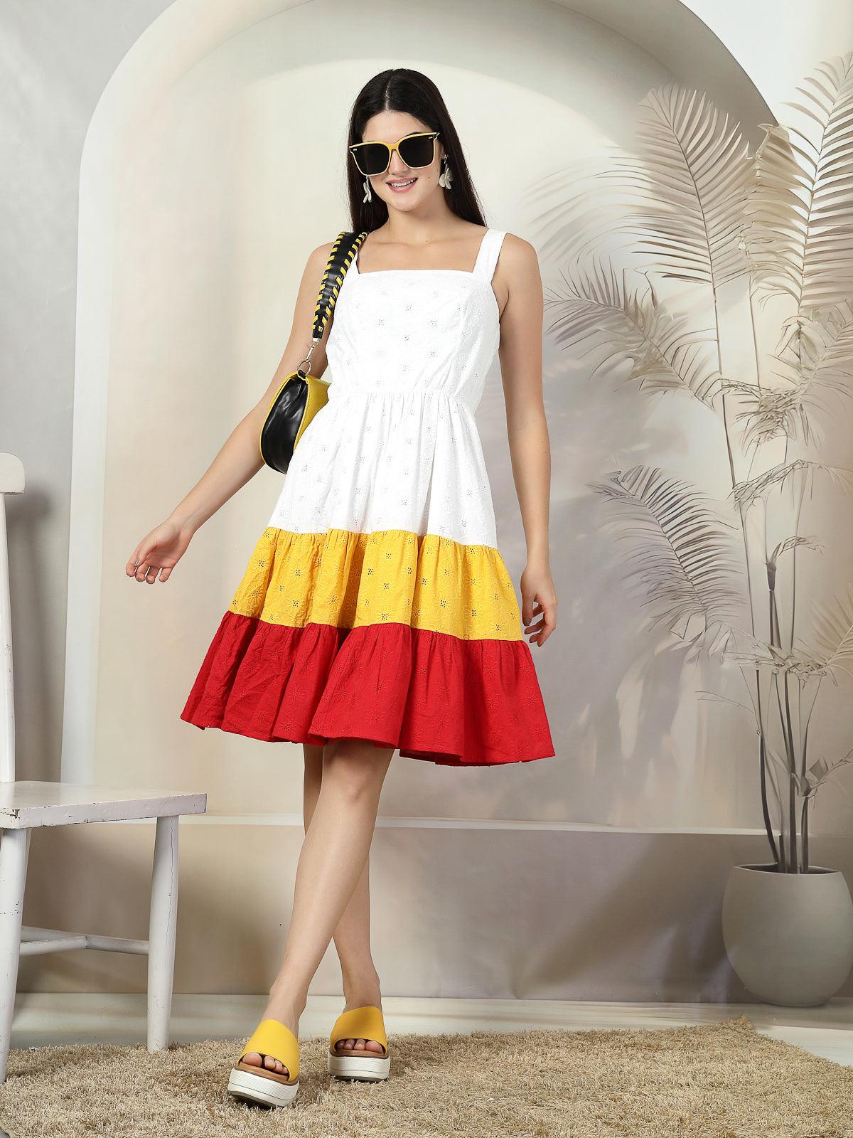 Women's Sleeveless A Line Midi Schiffli Cotton Dress - White & Red - SMERA MART