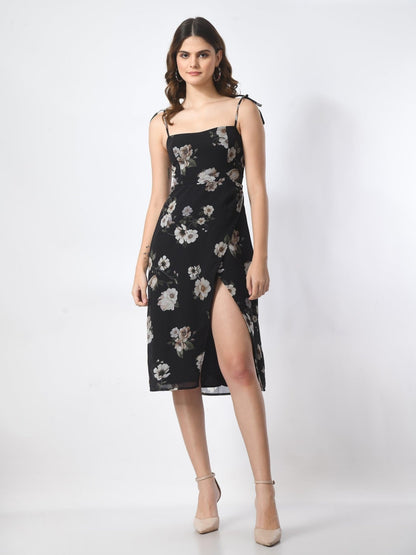 Women's Stylish Black Floral A Line Knee Length Dress - SMERA MART