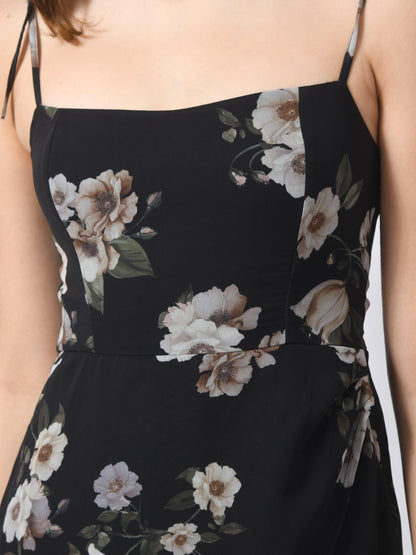 Women's Stylish Black Floral A Line Knee Length Dress - SMERA MART