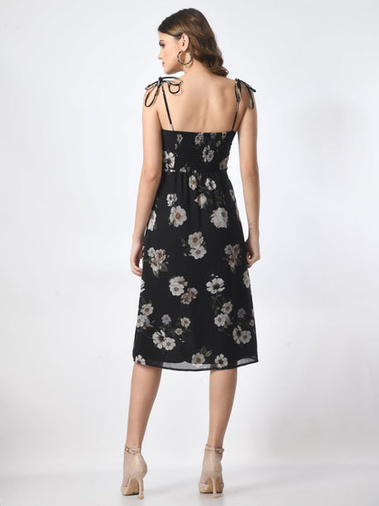 Women's Stylish Black Floral A Line Knee Length Dress - SMERA MART